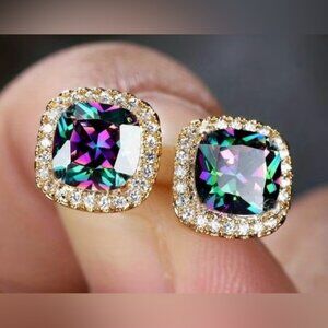 Iridescent Stone Square Stud Earrings